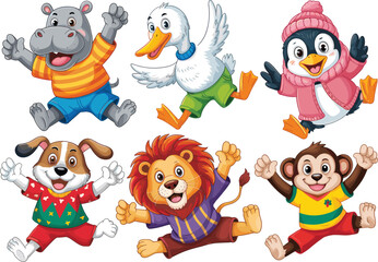 Cute cartoon animals jumping happily illustration, funny zoo characters including lion, penguin, monkey, duck, hippo, and dog for kids design