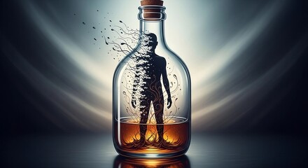 A silhouette of a person trapped inside a glass bottle filled with brown liquid. The scene symbolizes addiction and the struggle for sobriety.