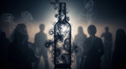 A dark scene featuring a glowing bottle of alcohol surrounded by shadowy figures. The atmosphere suggests themes of addiction and recovery.