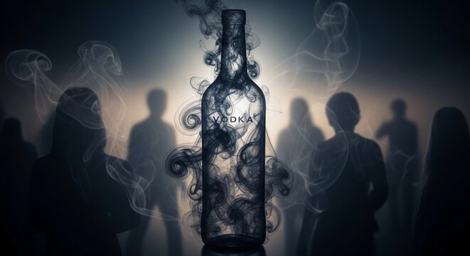 A dark scene featuring a glowing bottle of alcohol surrounded by shadowy figures. The atmosphere suggests themes of addiction and recovery.