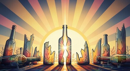 A collection of broken and empty alcohol bottles arranged in a sunburst pattern. The scene symbolizes the struggle with addiction and the journey to recovery.