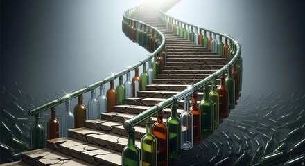 A winding staircase lined with various alcohol bottles. The scene symbolizes the journey of overcoming addiction and the path to recovery.