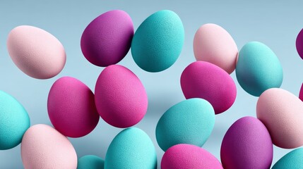 Colorful decorative eggs in various shades of pink, purple, and blue, floating against a soft gradient background, creating a vibrant and festive atmosphere for seasonal celebrations and artistic proj