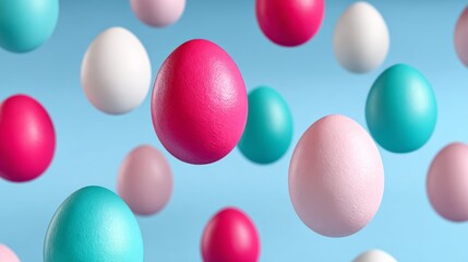 Colorful floating eggs in various shades of pink, white, and turquoise, suspended against a soft blue background, creating a vibrant and playful atmosphere for festive celebrations and seasonal events
