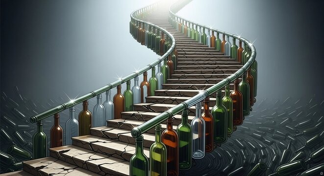 A winding staircase lined with various alcohol bottles. The scene symbolizes the journey of overcoming addiction and the path to recovery. - Powered by Adobe