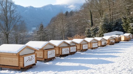 Snow-covered beehives line the edge of a winter forest, glowing in morning light under a clear blue sky
