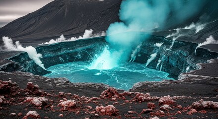 Volcanic crater with glowing blue water and steam erupting, surrounded by dark rock