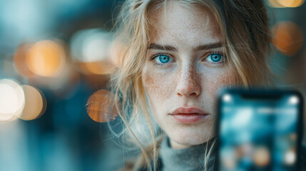 Young woman with blue eyes and freckles looks contemplatively past the camera, with blurred lights creating a dreamy background.