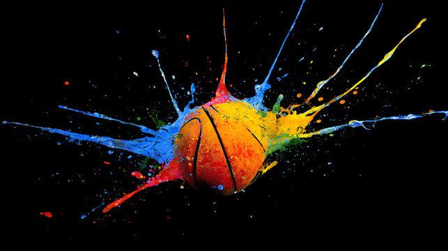 A basketball splashed with vibrant paint on a dark canvas, dynamic color bursts surround energy now