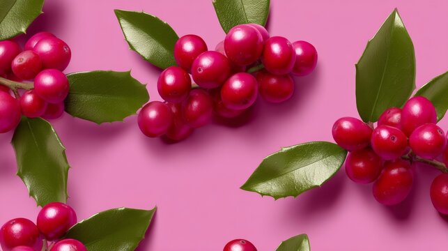 Vibrant clusters of pink berries with glossy green leaves arranged artistically on a soft pink background, creating a visually appealing composition that enhances the concept of freshness and nature