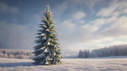 Majestic snow covered evergreen tree stands tall in a serene winter landscape with falling - Powered by Adobe