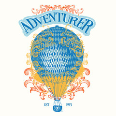 Fashion apparel vector print with hot air balloon in vintage style and hand drawn swirls, retro adventure