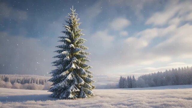 Majestic snow covered evergreen tree stands tall in a serene winter landscape with falling
