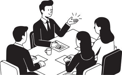 Business meeting with diverse team discussing ideas around a table with a leader presenting