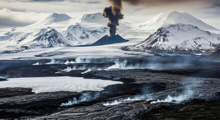 Volcanic eruption spewing ash and smoke into the sky with a lava field below