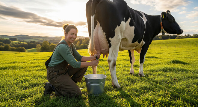 Mulher tirando leite de uma vaca no campo.