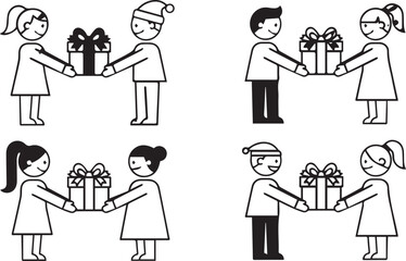 Four simple line art illustrations of children exchanging gifts with each other