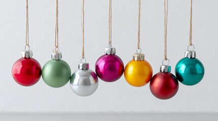 Colorful Christmas ornaments in various shades of red, green, silver, gold, and blue, hanging from twine against a soft white background, creating a festive and cheerful holiday atmosphere