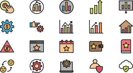 Colorful business icons representing growth and success on a dark background design