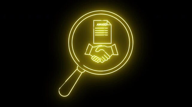 A neon yellow outline of a magnifying glass enclosing a document labeled AWARD above a handshake