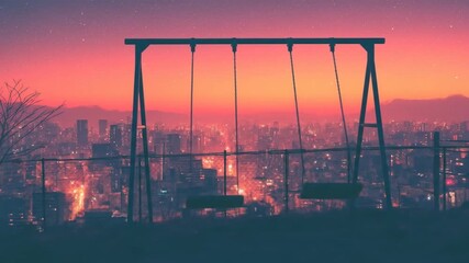 Silhouette of a swing set against an urban skyline with a vibrant colorful sunset