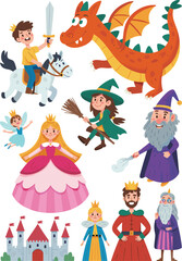 Fairy tale coloring page with prince, princess, witch, dragon, castle, and magical fantasy scene illustration for children’s education and art