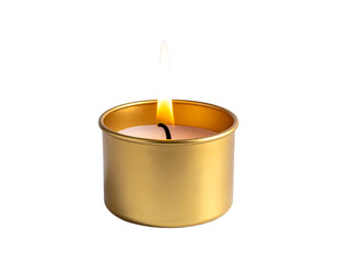 A lit golden tea light candle isolated on transparent background