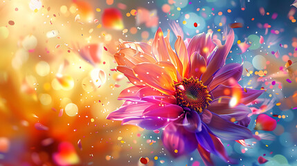 Close up of a vibrant purple and orange dahlia flower with falling confetti and bokeh lights pink