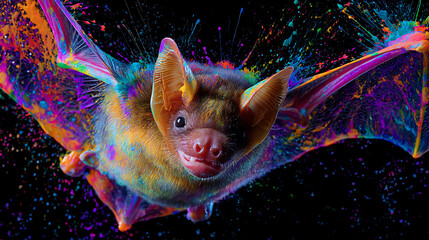 A neon-colored bat soars through a starry, spray-paint style background with luminous wings in neon!