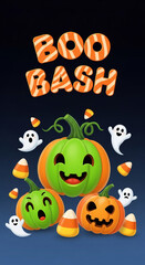 Obraz premium Illustration with candy corn, pumpkin, ghost and text 