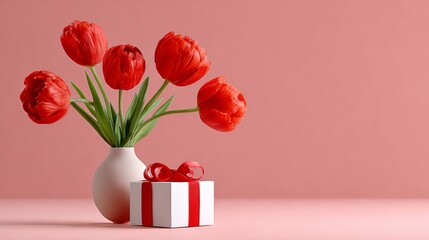 Obraz premium Vibrant bouquet of red tulips in a white vase beside a beautifully wrapped gift box with a red ribbon, set against a soft pink background, creating a cheerful and festive atmosphere