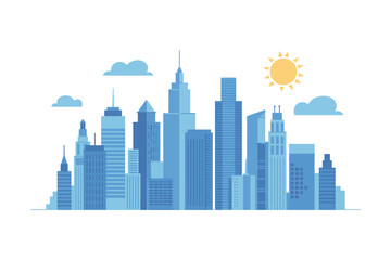 Fototapeta premium Modern City Skyline Vector Illustration with Blue Skyscrapers and Sunny Weather Ideal for Urban Design and Architectural Concepts