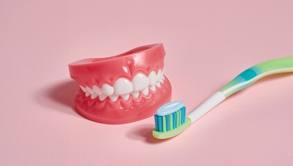 Dental Display with Pastel Toothbrush and Toothpaste, on a Smooth, LightColored Surface.
