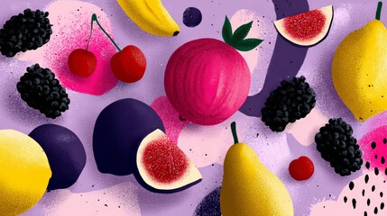 Colorful flat illustration of assorted fruits including cherries, lemons, figs, and blackberries arranged on a vibrant purple background, showcasing a playful and artistic composition of fresh produce
