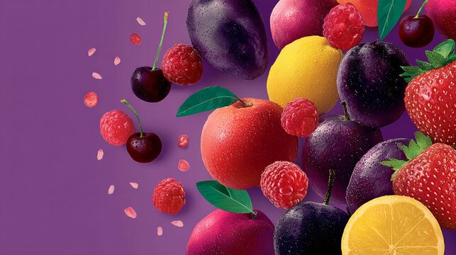 Vibrant assortment of fresh fruits including strawberries, cherries, lemons, and raspberries arranged artistically on a purple background, showcasing colorful textures and natural beauty of healthy ea