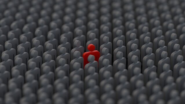 A Red outstanding man standing in front of a large crowd, alone and lonely But also rebellious