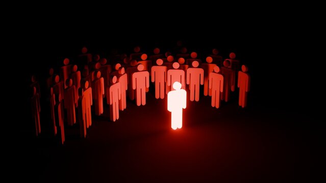 A Red glowing man standing in front of a large crowd, alone and lonely But also rebellious