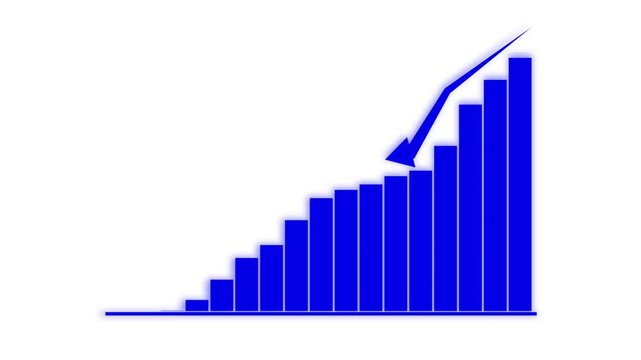 golden coin pile, Bar chart for declining business performance. The red statistical curve shows a downward move, with the arrow line declining over time