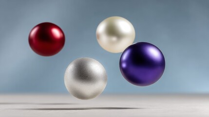 Colorful floating spheres in various shades of red, silver, white, and purple, creating a dynamic visual effect against a soft blue background, representing creativity and modern design concepts