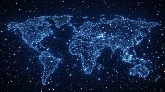 A detailed representation of a world map showing glowing connections among people icons globally, designed in a sleek, modern style