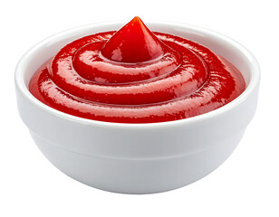 A white bowl filled with red ketchup sauce isolated on transparent background