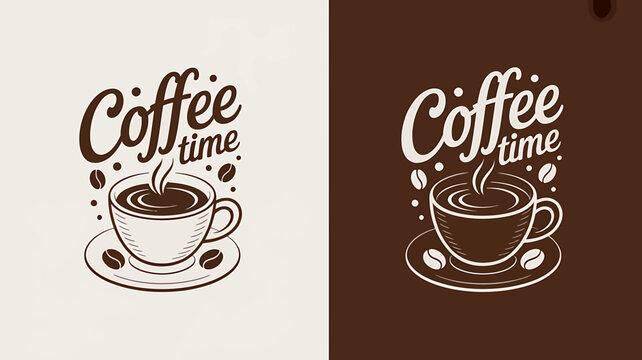 Coffee Time Graphic Illustration on Split Background Featuring Steaming Cup and Beans for Cafe Promotions or Coffee Related Designs