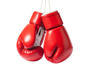 Pair of red boxing gloves hanging isolated on transparent background