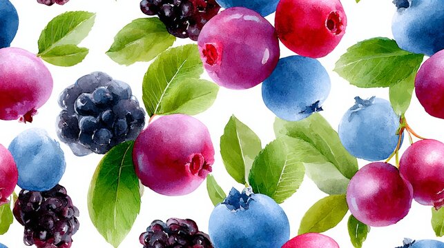 Colorful watercolor illustration featuring an array of fresh berries including blueberries, blackberries, and raspberries surrounded by vibrant green leaves, creating a lively and inviting fruit patte - Powered by Adobe