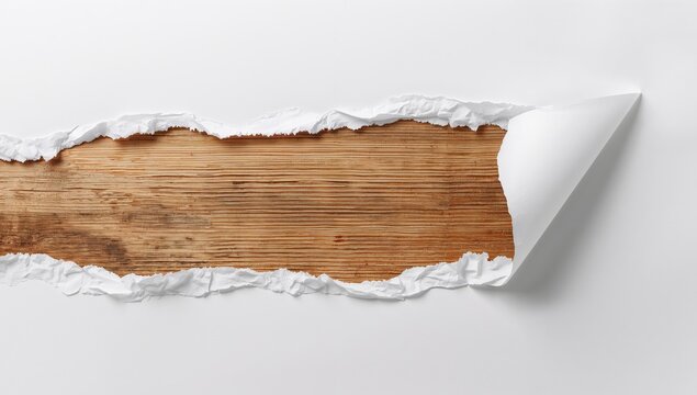 Fragmented Surface with Wooden Texture Underneath White Paper Peeling Away.
