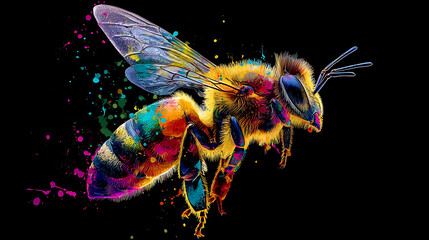 A vibrant, multicolored bee rendered with watercolor splashes on a stark black background. with glow