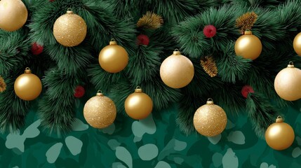 Naklejka premium Festive green pine branches adorned with golden Christmas ornaments and red berries, creating a vibrant holiday atmosphere perfect for seasonal celebrations and joyful decorations