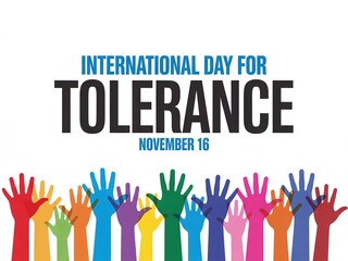 Fototapeta premium International Day for Tolerance on November 16, Displaying Diverse Raised Hands in Rainbow Colors for Unity and Inclusion.