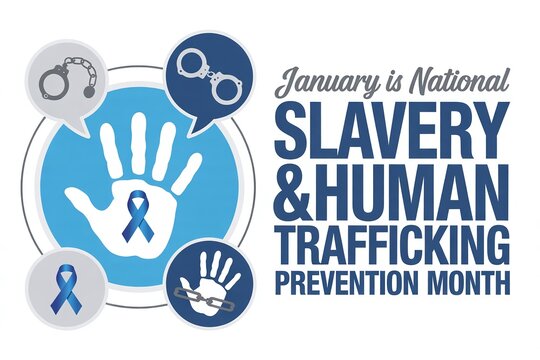 January is National Slavery and Human Trafficking Prevention Month: Hand with Blue Ribbon, Handcuffs, and Broken Chain Icons to Raise Awareness. - Powered by Adobe