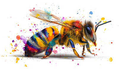 A vibrant watercolor bee bursts with color, splashy backdrop, vivid stripes and wings across page..